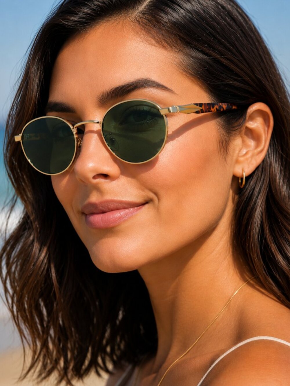Oval Gold Metal Frame Sunglasses Green Lenses Tortoiseshell Arms Retro Vintage